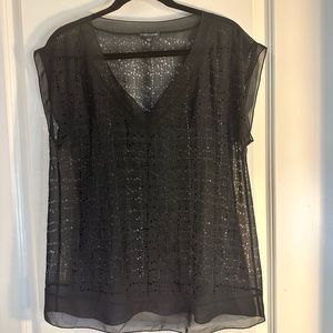Eileen Fisher Silk Black Sheer Laser Cut V- Neck Short Sleeve Top, Small